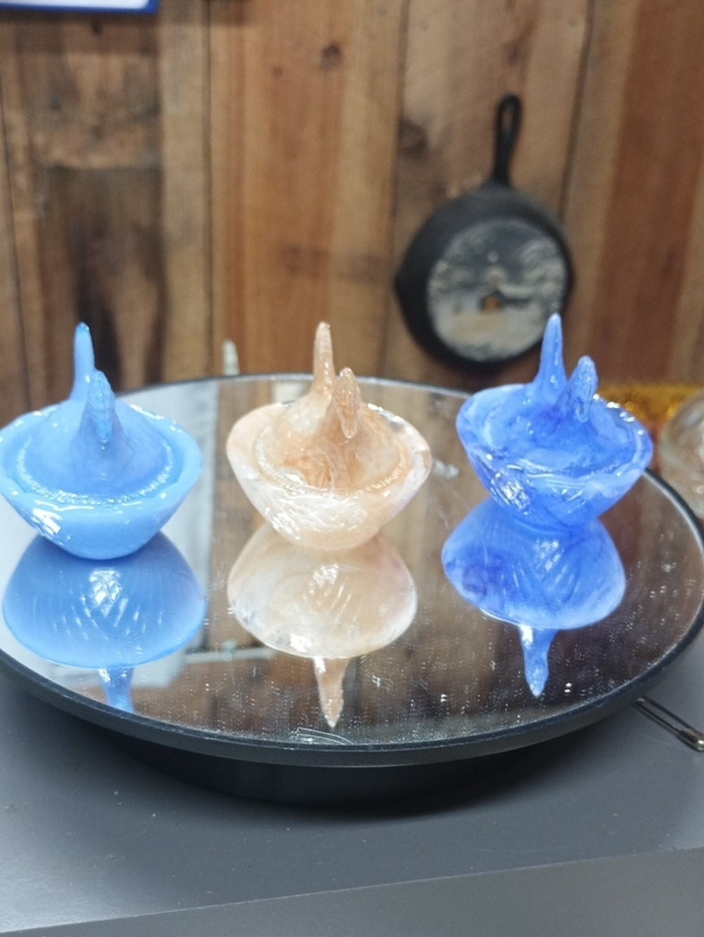 Set Of Three Mini Hen On Nest Salt Cellar's Blue Slag, Carmel Slag And Milk Blue